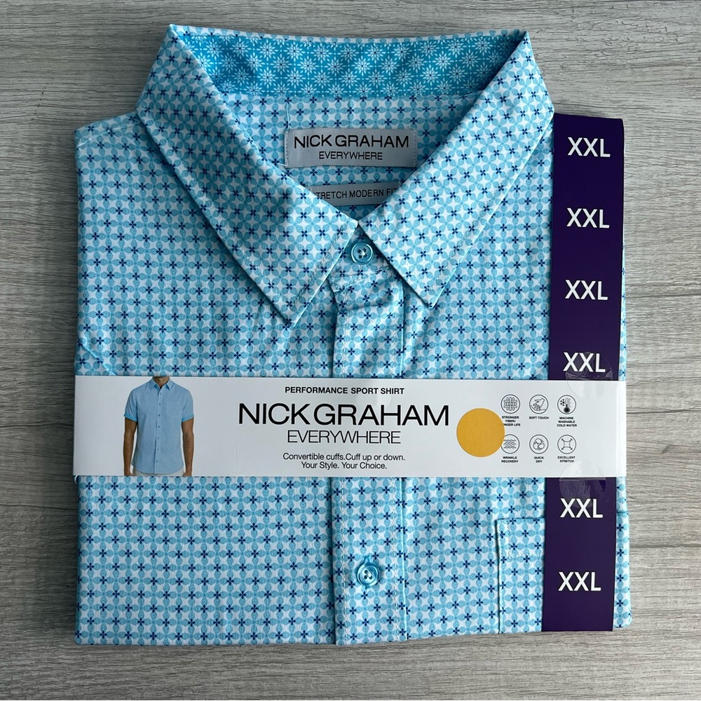 Nick Graham Performance Turquoise Stretch Sport Short Sleeve Woven Shirt XXL